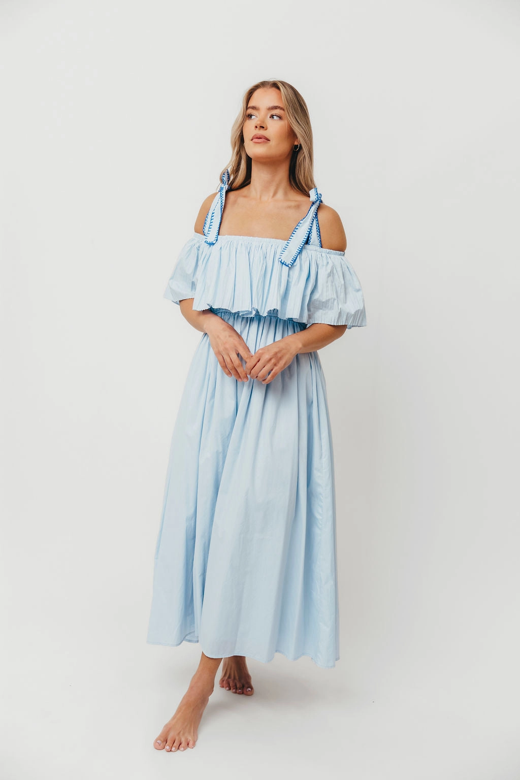 Aviva 100% Cotton Pleated Off-Shoulder Midi Dress in Light Blue Feminine Vibe Artistic Flair