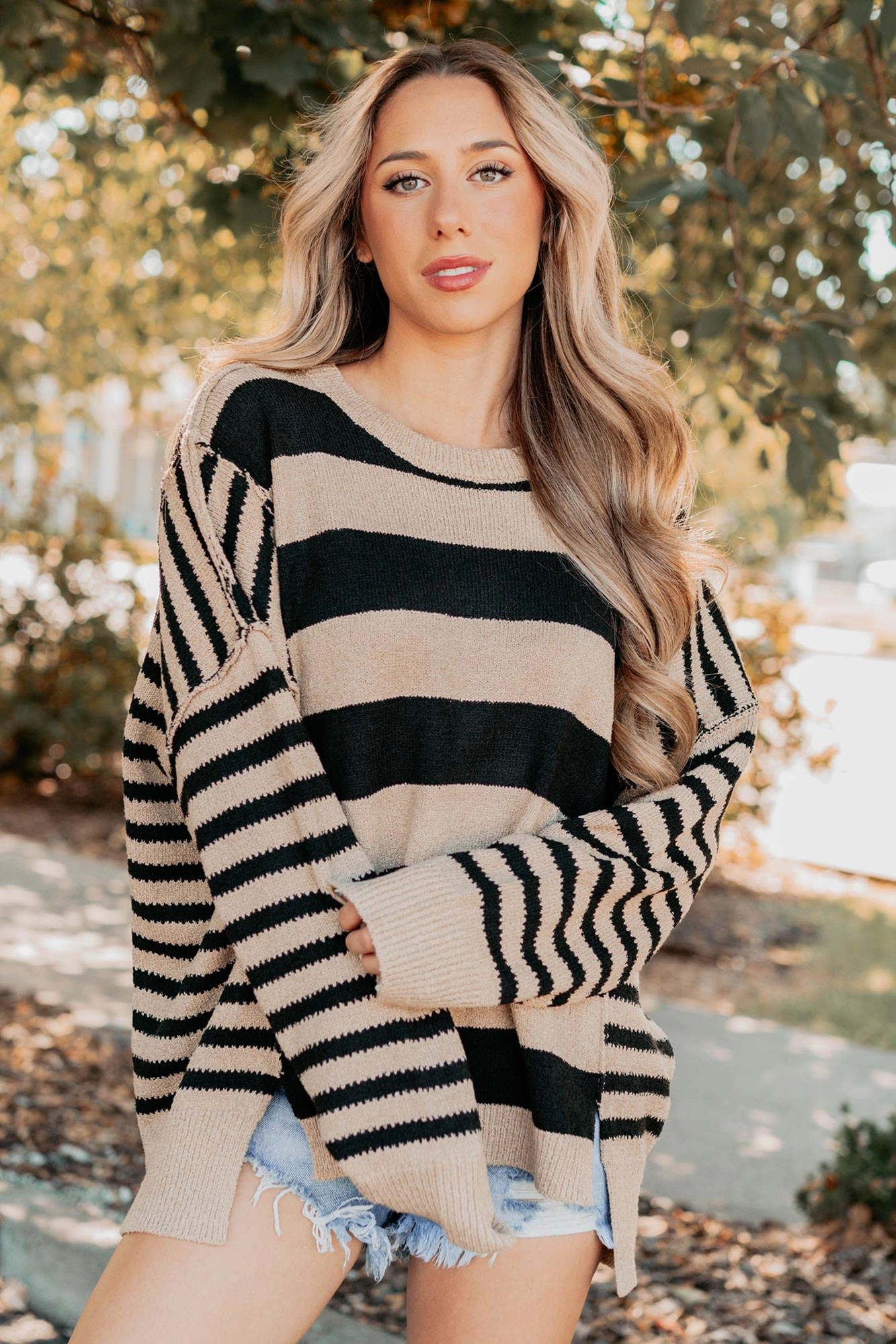 Backseat Glam Long Sleeve Stripe Sweater (Sand Black) Warm Layer