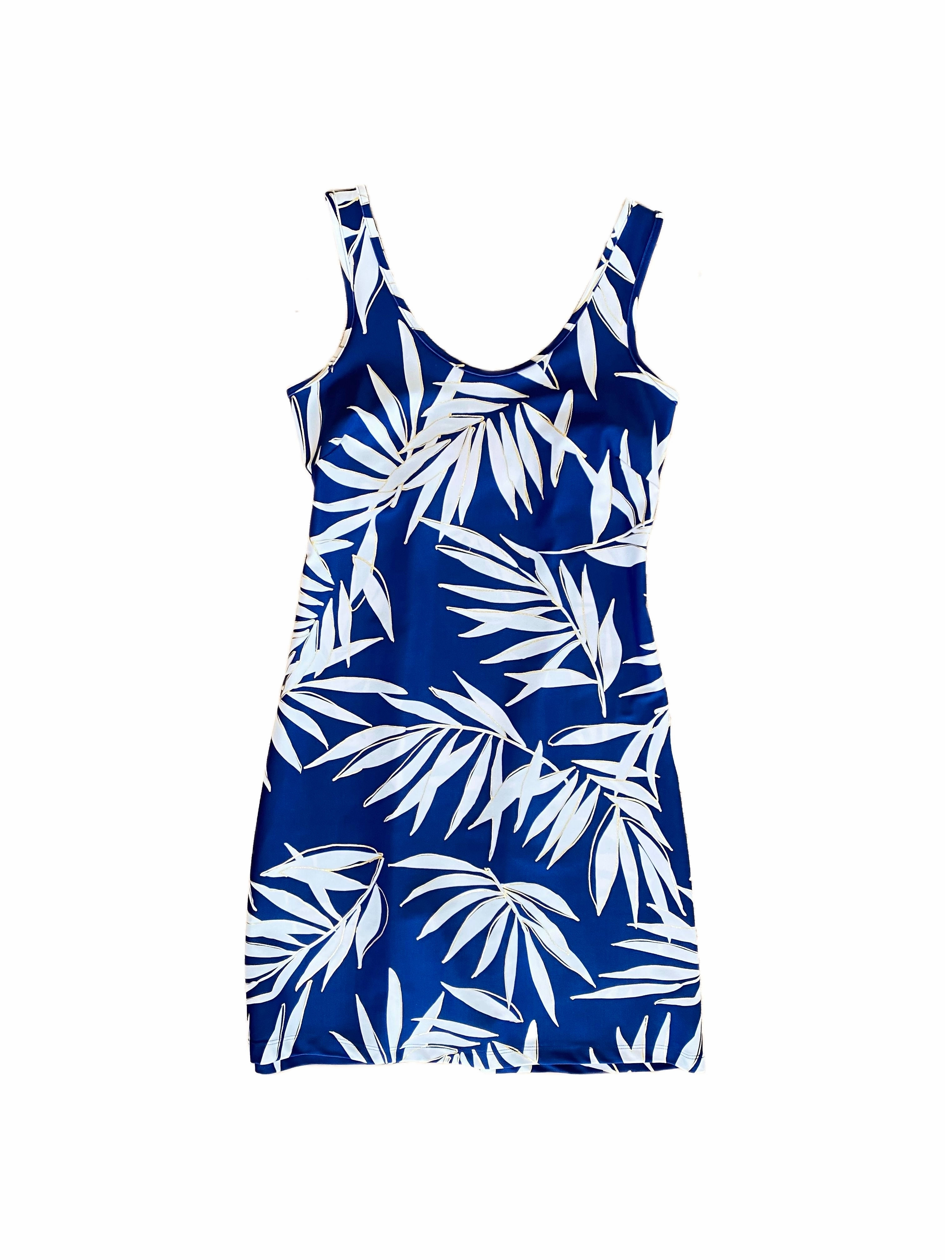 Satin Finish Seasonal Layer Bali Tank Dress Navy Palm Leaf