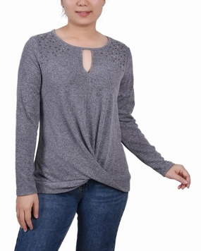 Petite Long Sleeve Knit Keyhole Top With Studs Quick Dry Technology