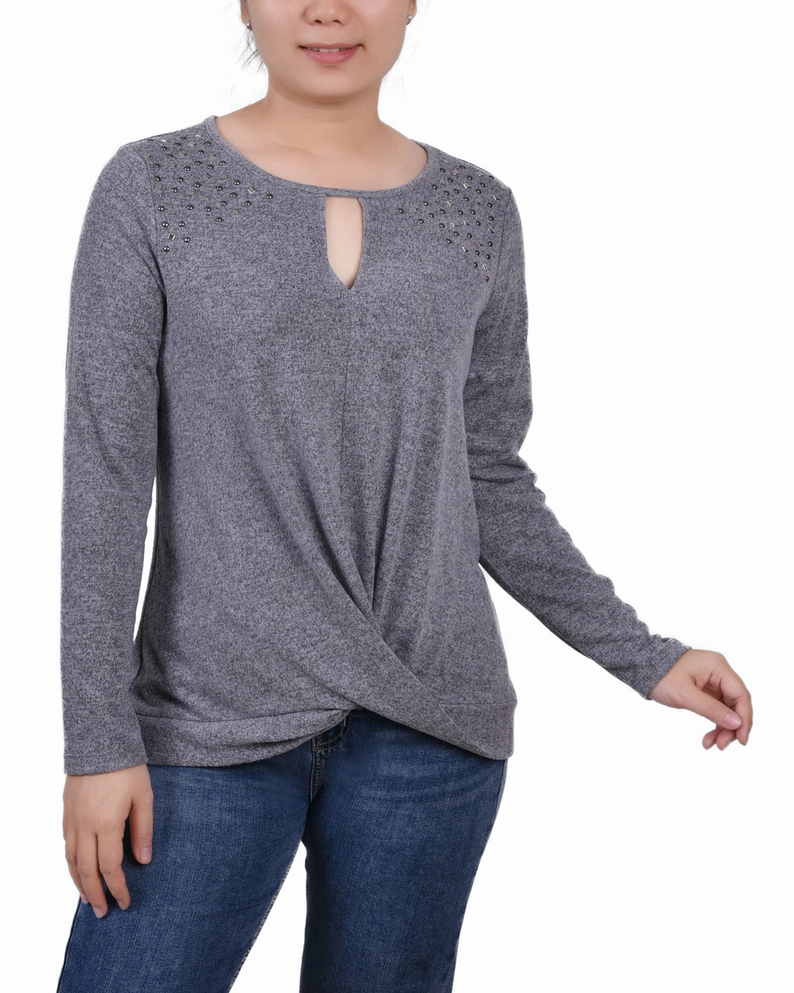 Petite Long Sleeve Knit Keyhole Top With Studs LowMaintenanceFabric