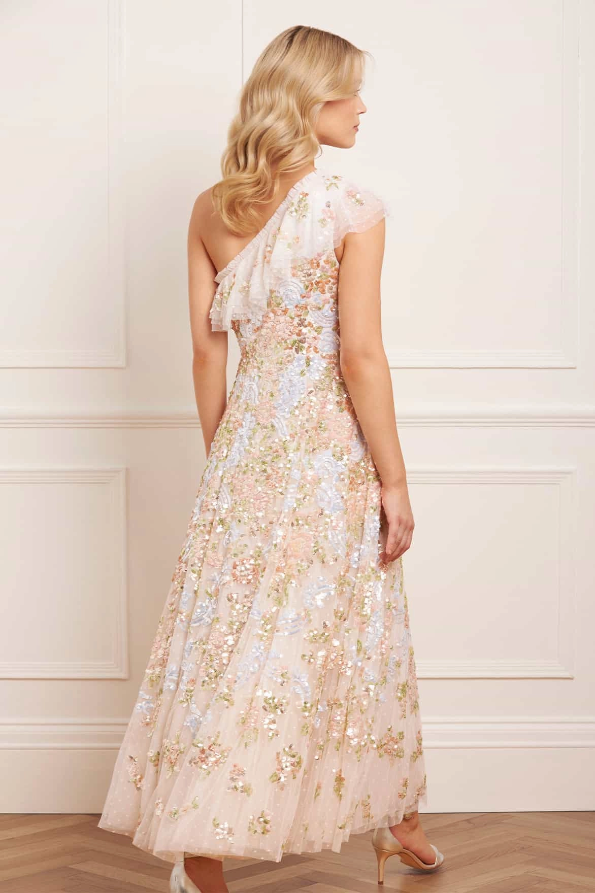 Silky Silhouette Baroque Floral One-Shoulder Ankle Gown