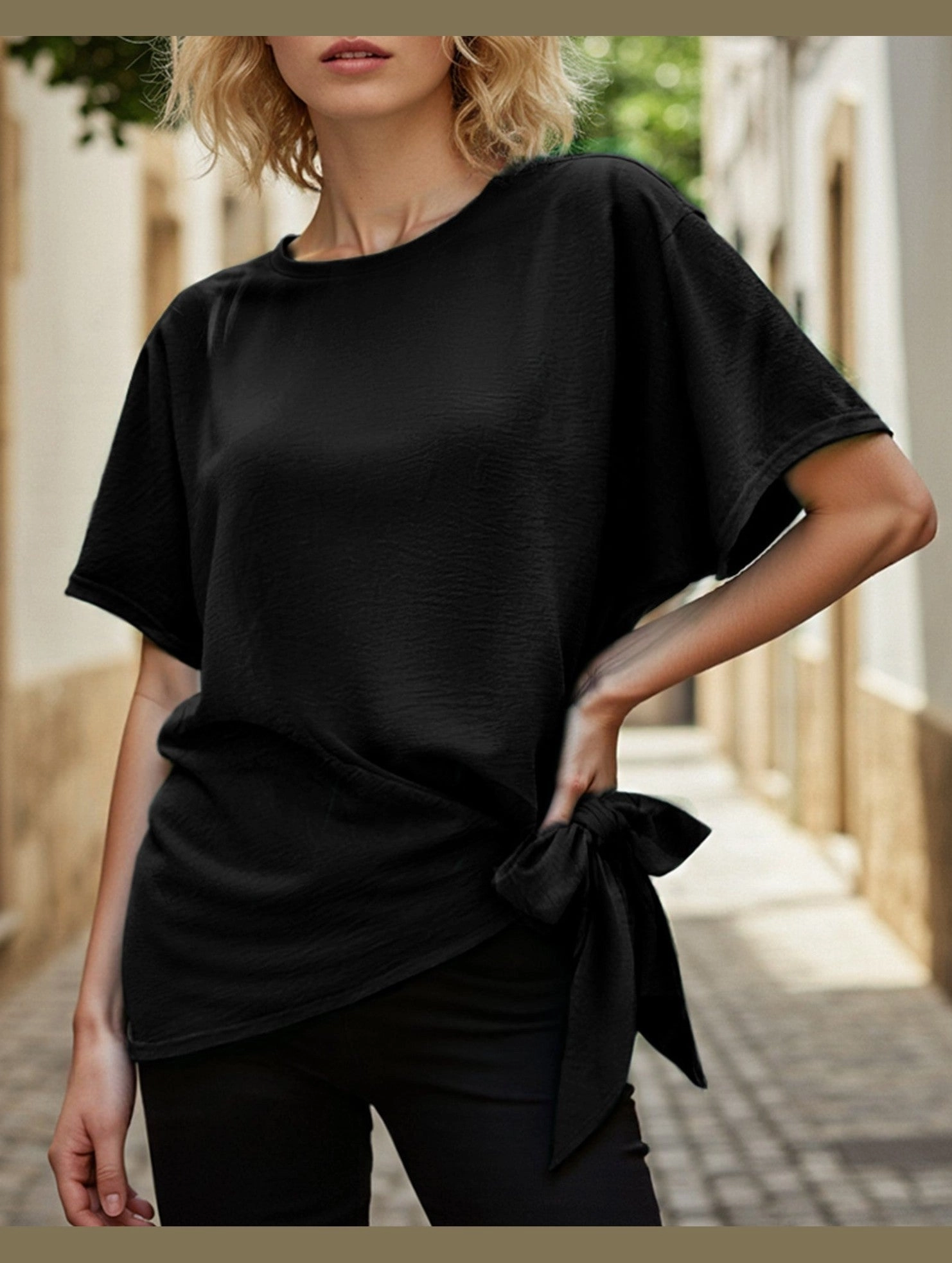 BATWING SLEEVED HEM KNOT LOOSE BLOUSE Quick Dry Blend