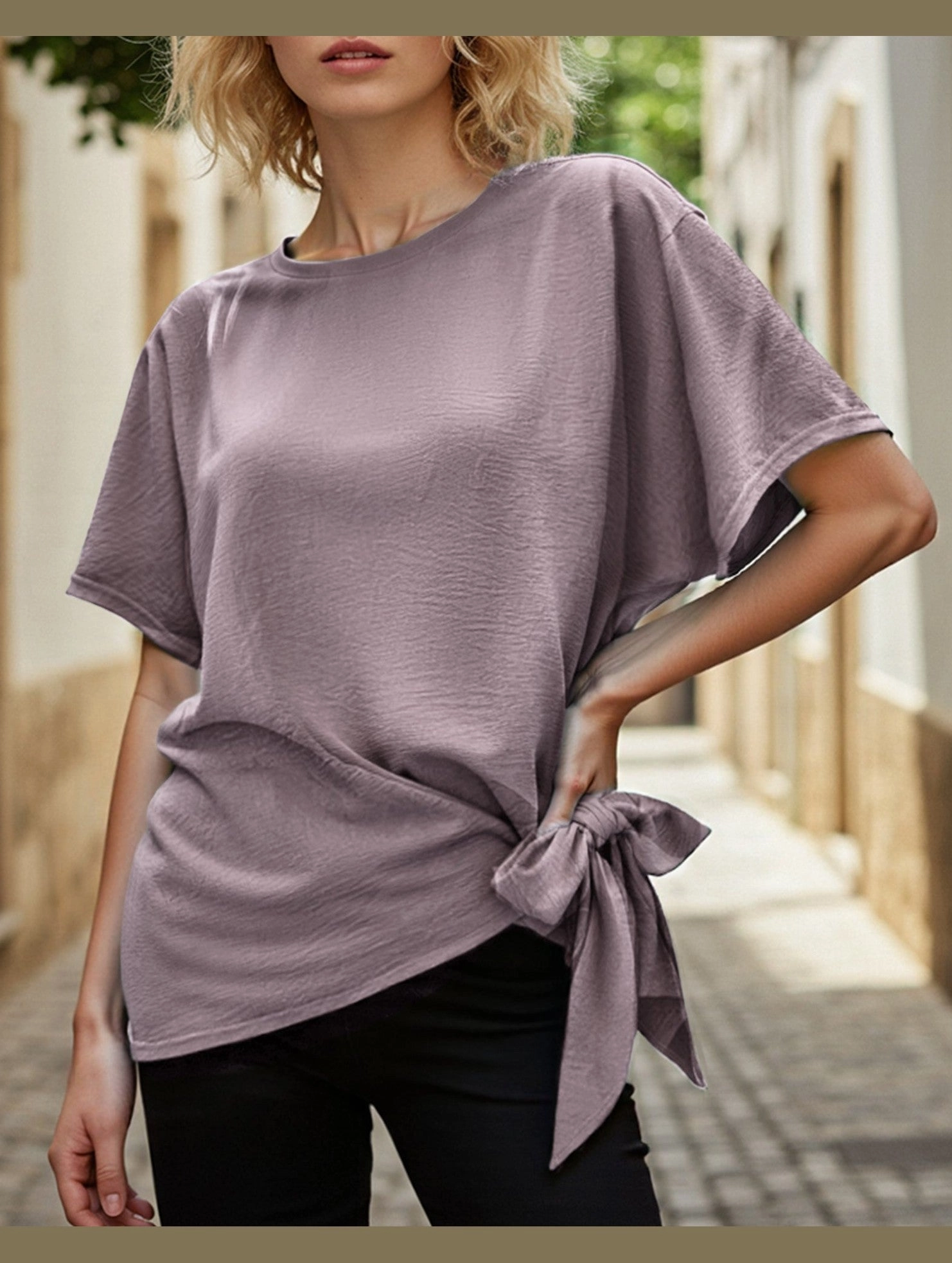 BATWING SLEEVED HEM KNOT LOOSE BLOUSE EcoFriendly Dye