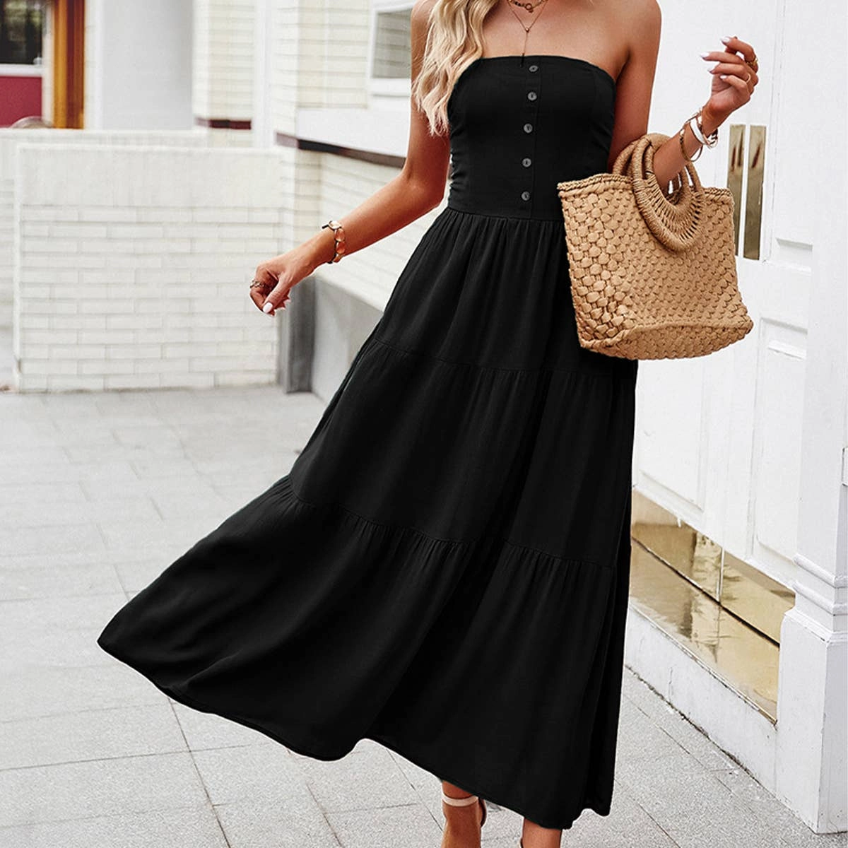 Relaxed Style Wear Versatile party outfit COTTON STRAPLESS DRESS_CWDMD1534