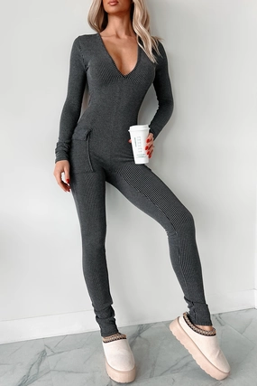Beautiful Curves Ribbed Cut-Out Back Jumpsuit (Black) Non Irritating Seams