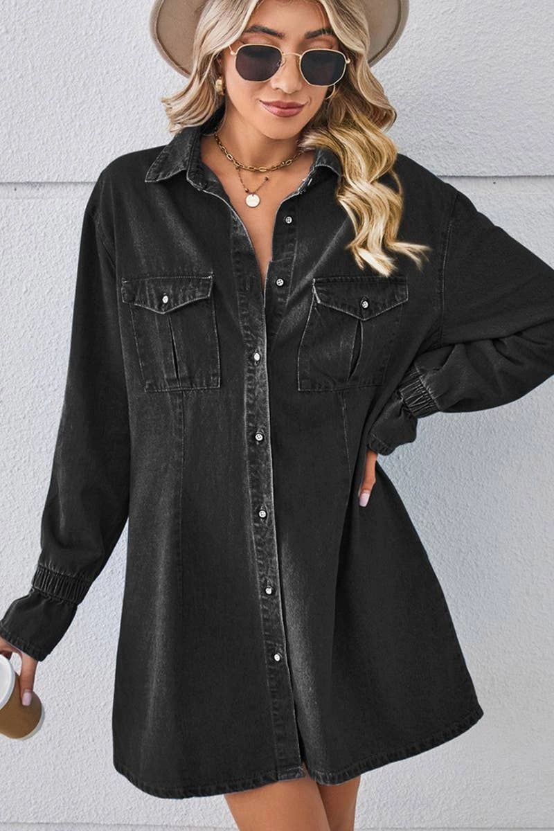 Signature-Style Glam Touch BELL SLEEVE LOOSE CARDIGAN DENIM SHIRT DRESS_CWDSD2576