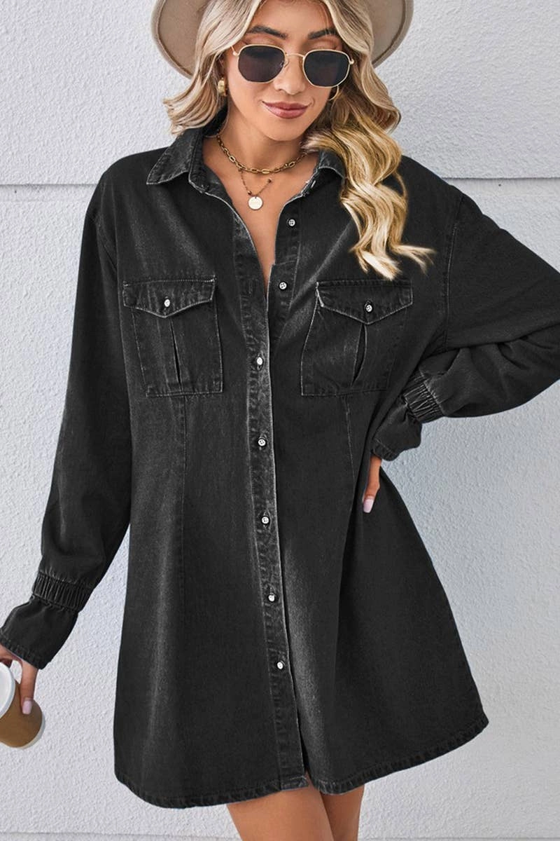 BELL SLEEVE LOOSE CARDIGAN DENIM SHIRT DRESS_CWDSD2576 Fit Focused Comfy Comfort