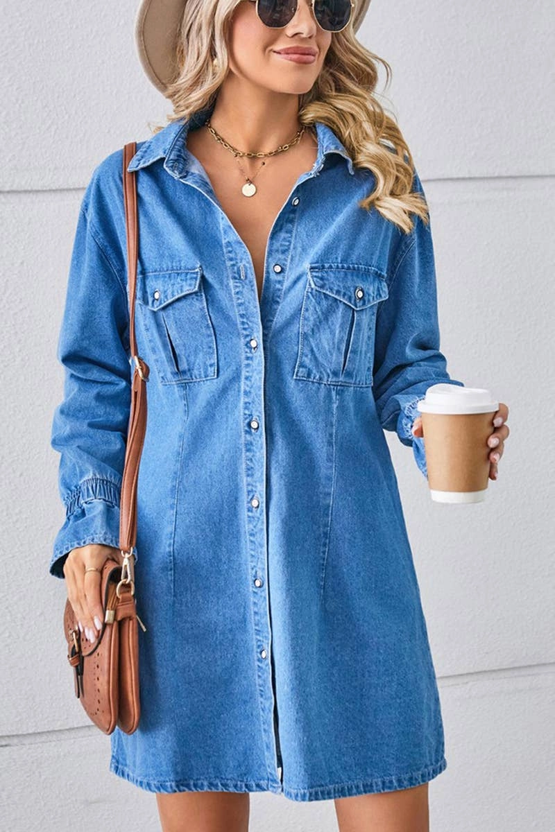 BELL SLEEVE LOOSE CARDIGAN DENIM SHIRT DRESS_CWDSD2576 Smart Detail
