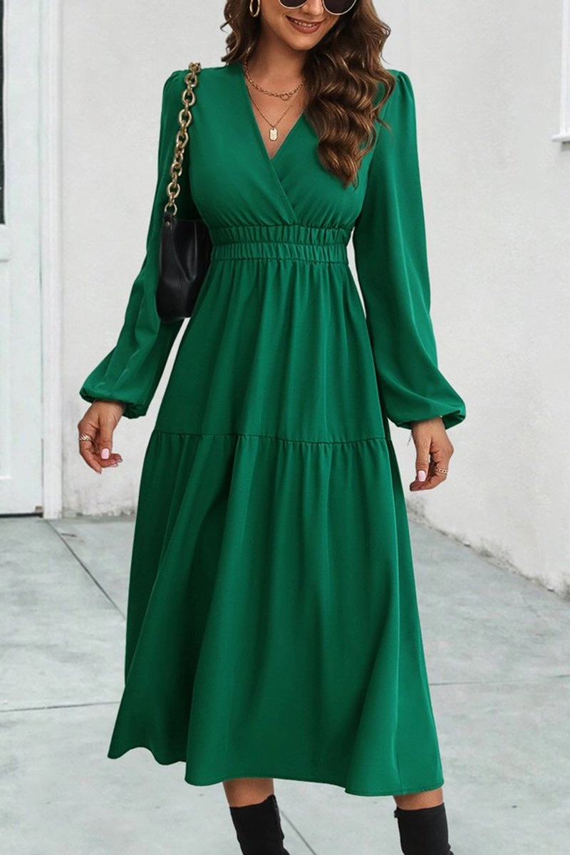 WOMEN ELASTIC WAIST V NECK LONG SLEEVE MAXI DRESS Feminine Movement Insulating-Lining