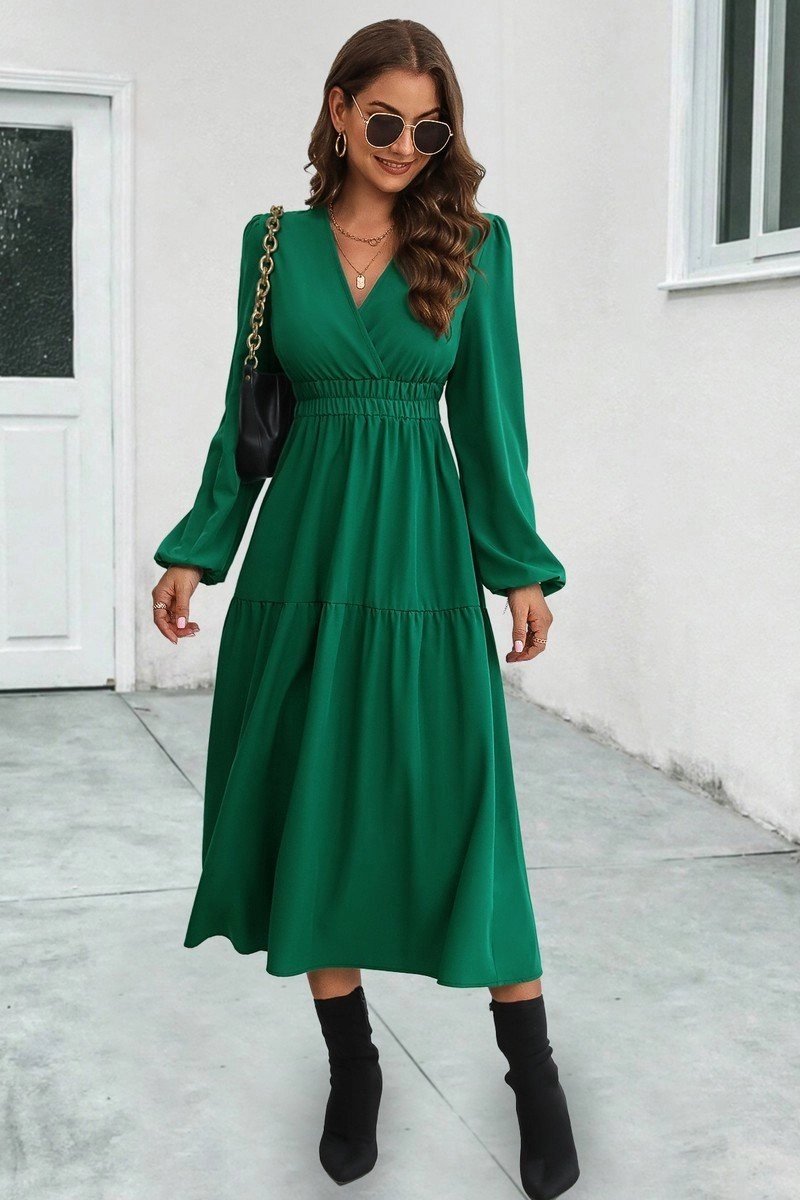 Feminine Line WOMEN ELASTIC WAIST V NECK LONG SLEEVE MAXI DRESS