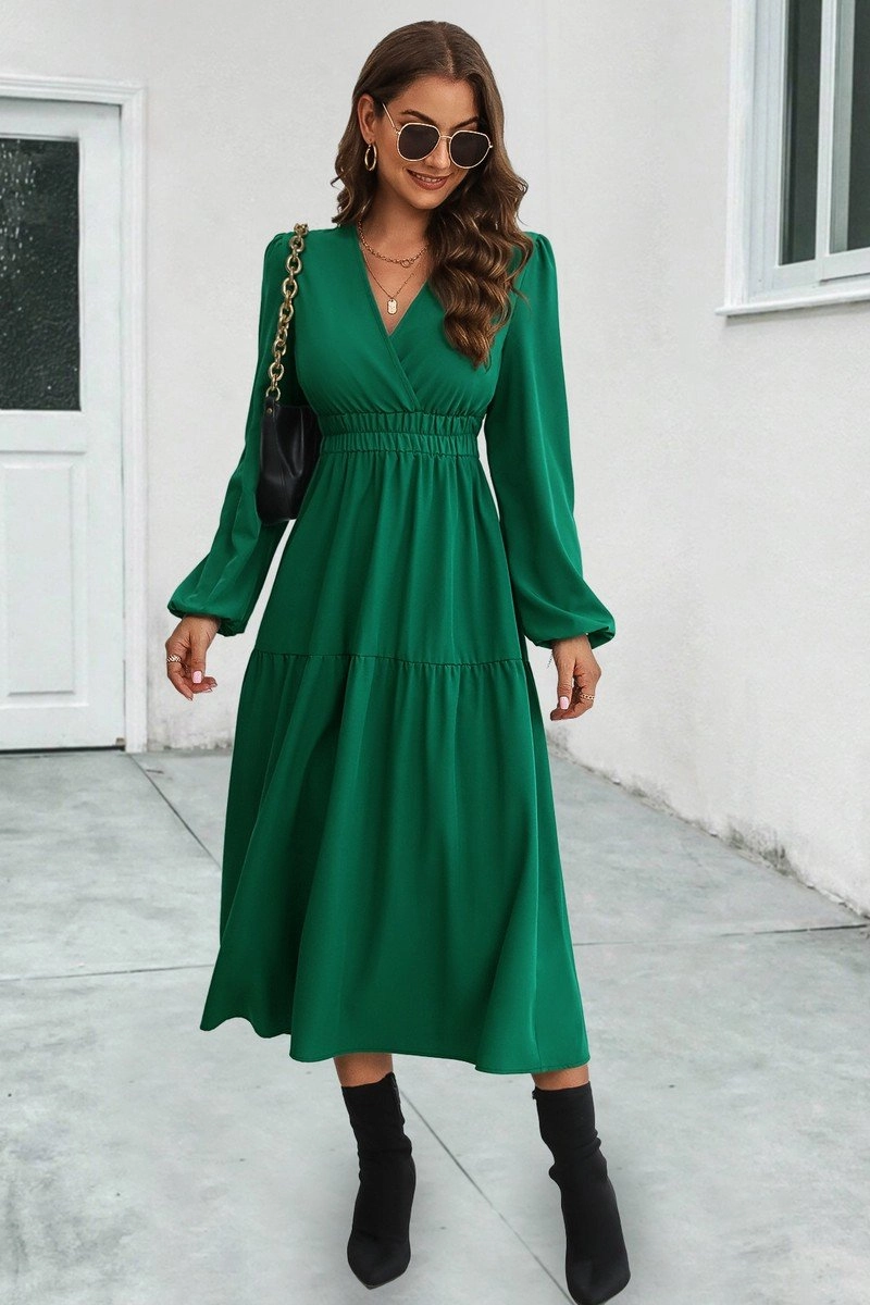 Effortless Pair WOMEN ELASTIC WAIST V NECK LONG SLEEVE MAXI DRESS