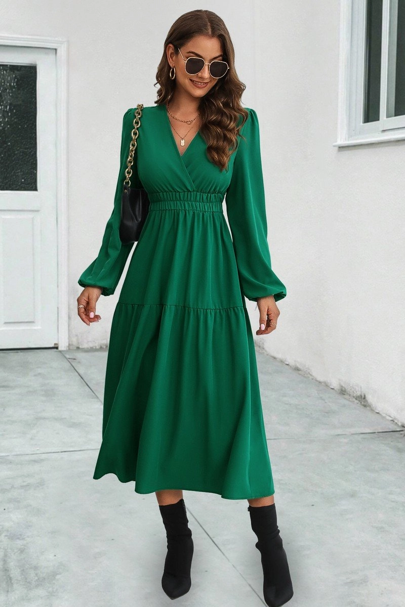 WOMEN ELASTIC WAIST V NECK LONG SLEEVE MAXI DRESS Classic Movement Confident Touch
