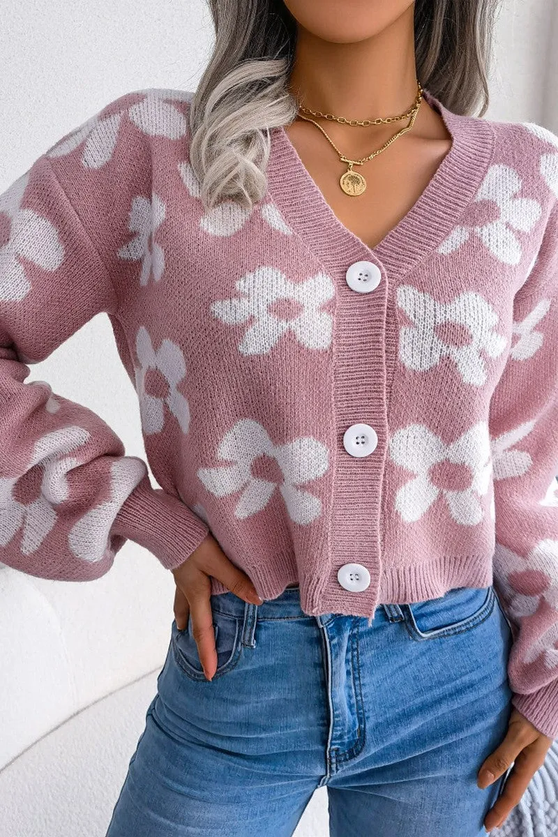 WOMEN FLOWER PRINTING COZY BUTTON UP CARDIGAN DoubleLayeredShoulders ReflectiveTrim