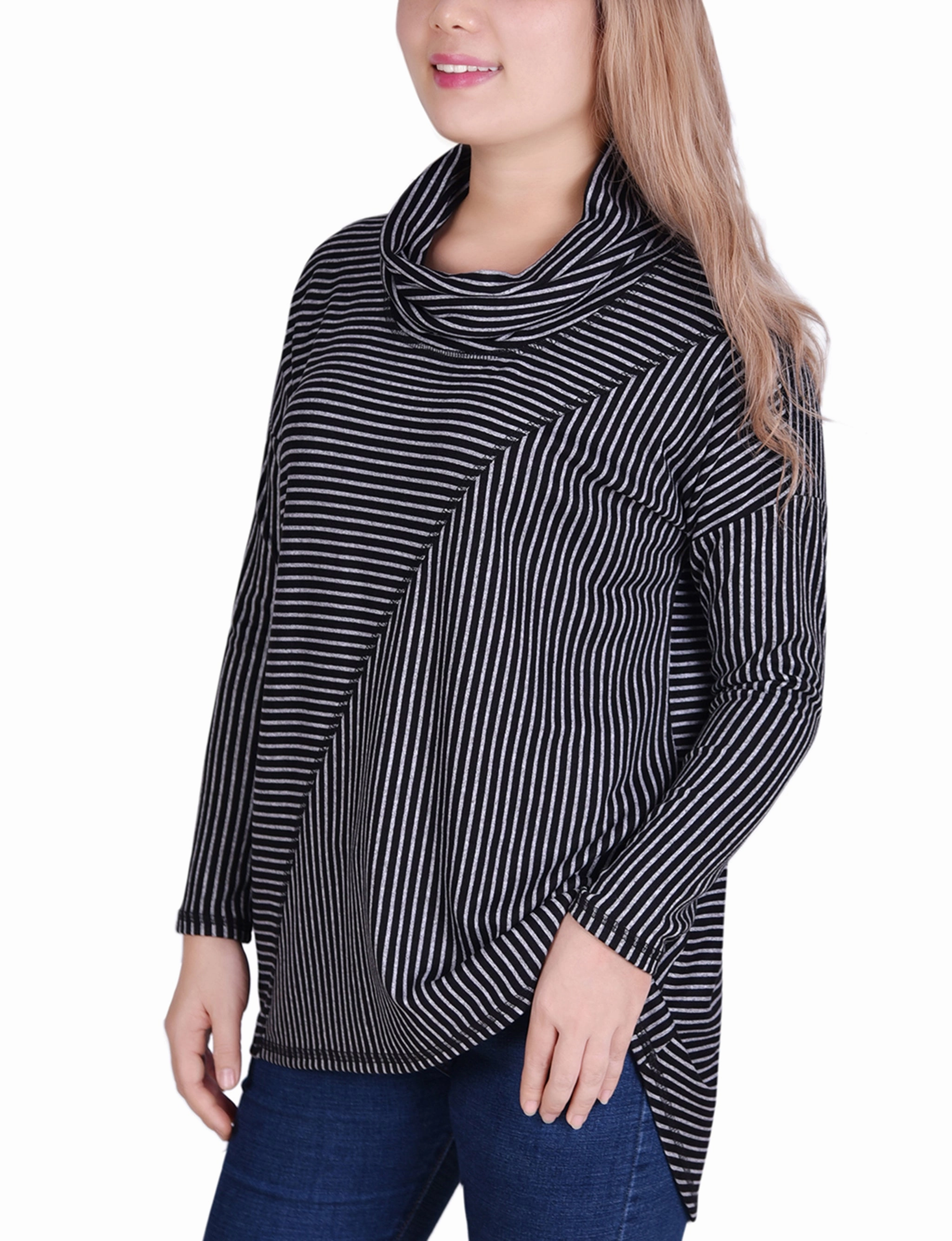 Adaptive Temperature Control HighDurabilityWeave Long Sleeve Mini Striped Seamed Cowl Neck Top