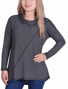 Long Sleeve Mini Striped Seamed Cowl Neck Top WrinkleFree Fabric WrinkleResistant Fabric