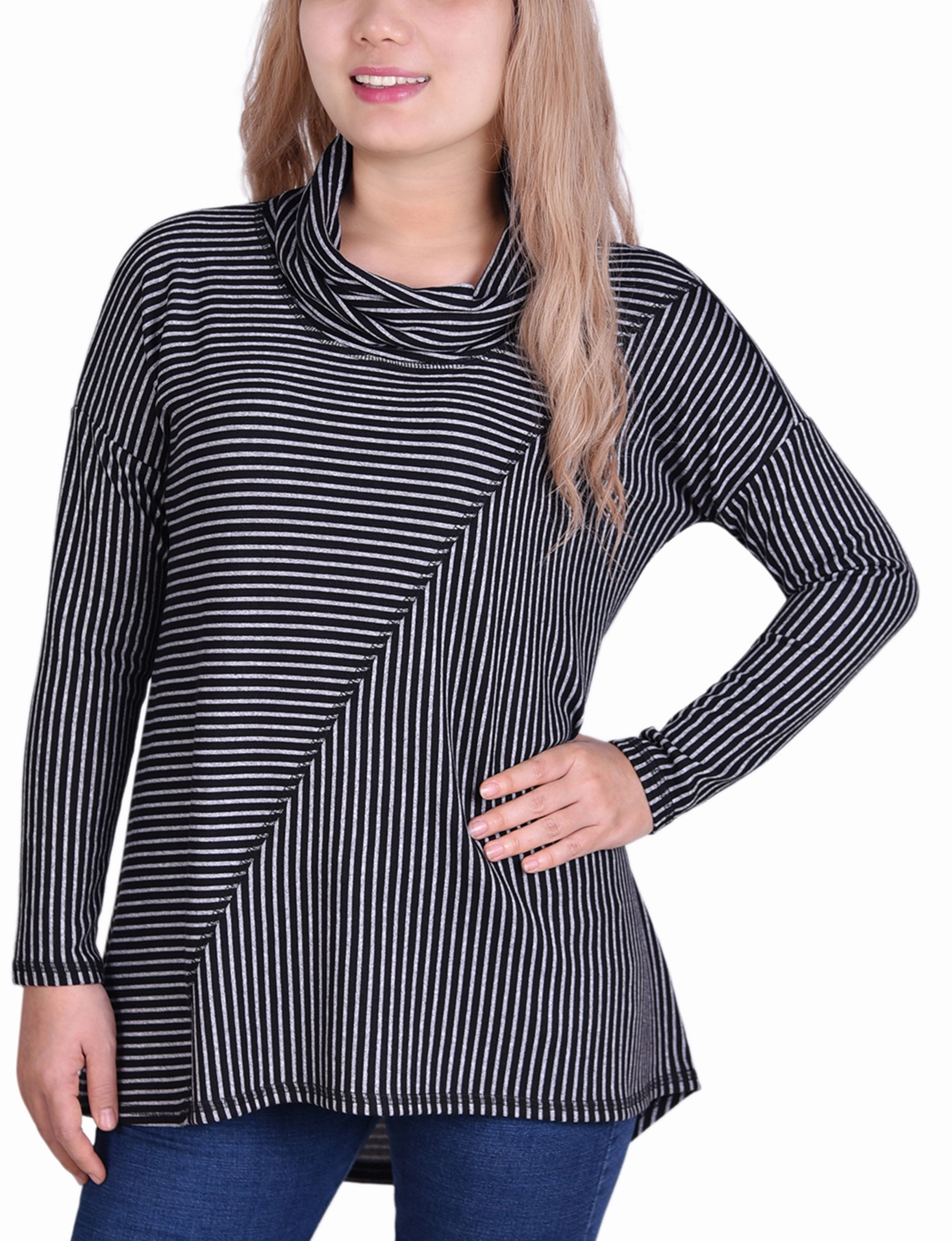 Long Sleeve Mini Striped Seamed Cowl Neck Top WrinkleFree Fabric WrinkleResistant Fabric