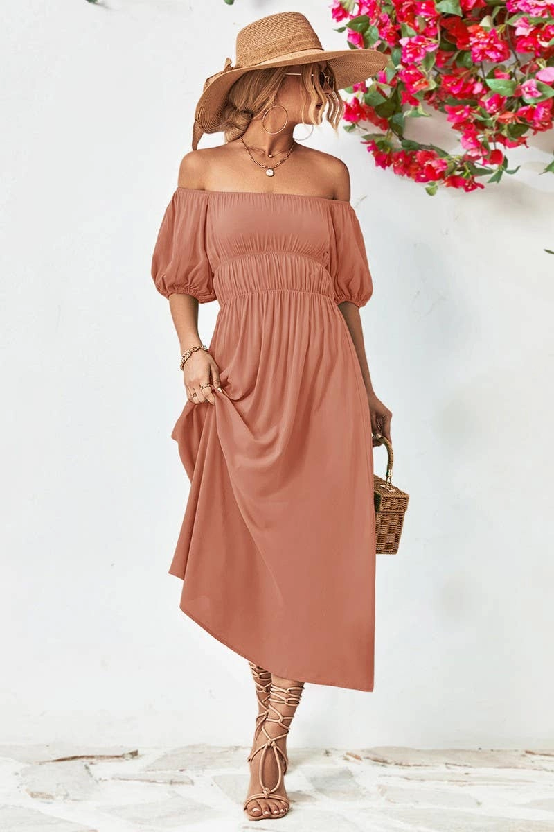 Casual event outfit Clean Mood A STRAIGHT SHOULDER SHORT SLEEVE LONG DRESS_CWDMD1212