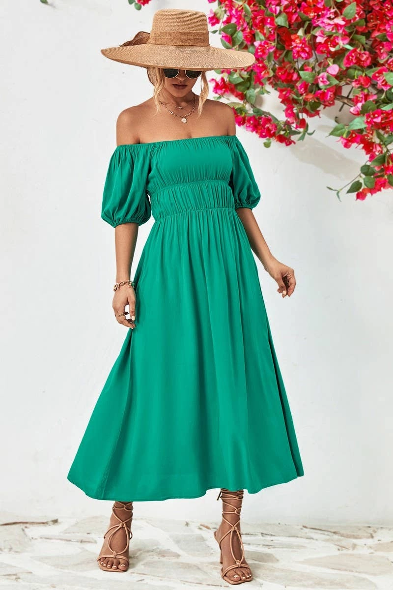 A STRAIGHT SHOULDER SHORT SLEEVE LONG DRESS_CWDMD1212 Chilly Wear Flowing Texture