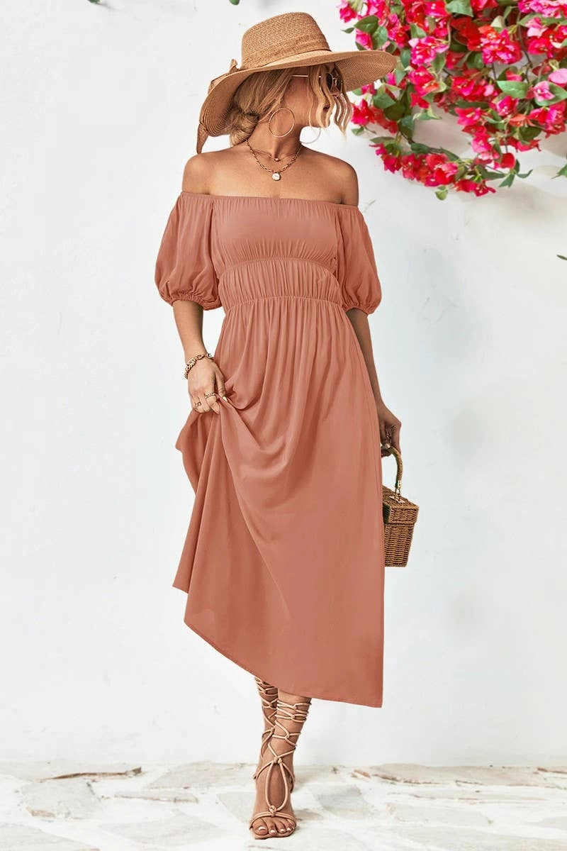 Modern and Feminine A STRAIGHT SHOULDER SHORT SLEEVE LONG DRESS_CWDMD1212