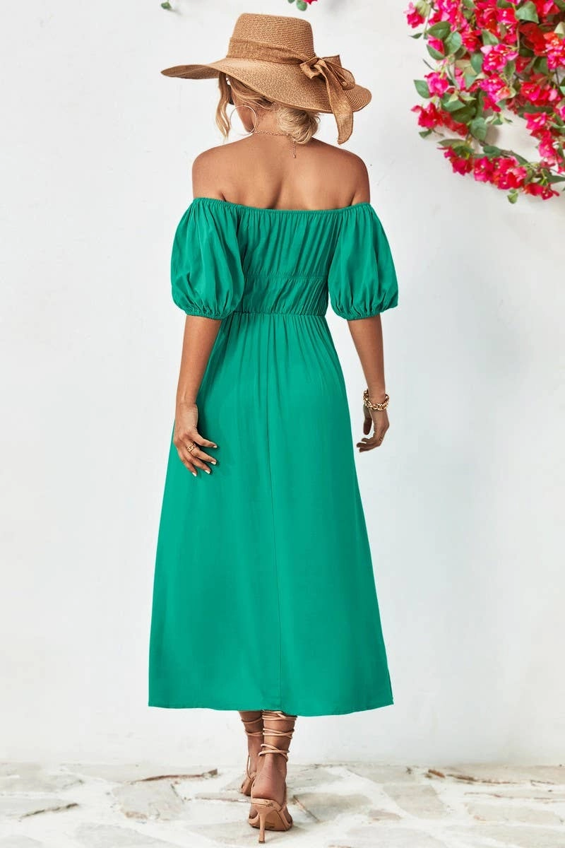 A STRAIGHT SHOULDER SHORT SLEEVE LONG DRESS_CWDMD1212 Silky-Feel Perfect for Travel