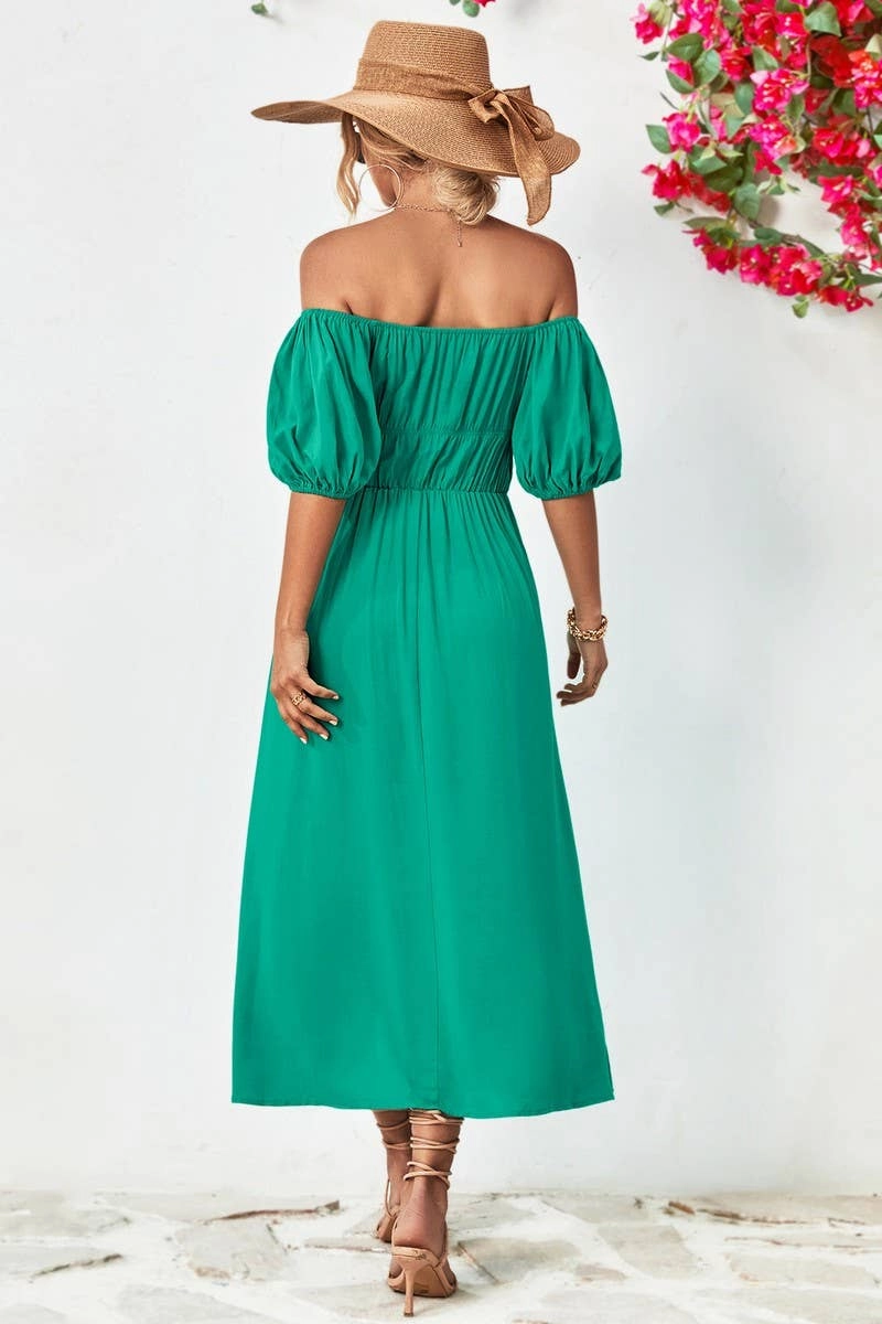 Chic Layered Wear relaxed elegance A STRAIGHT SHOULDER SHORT SLEEVE LONG DRESS_CWDMD1212