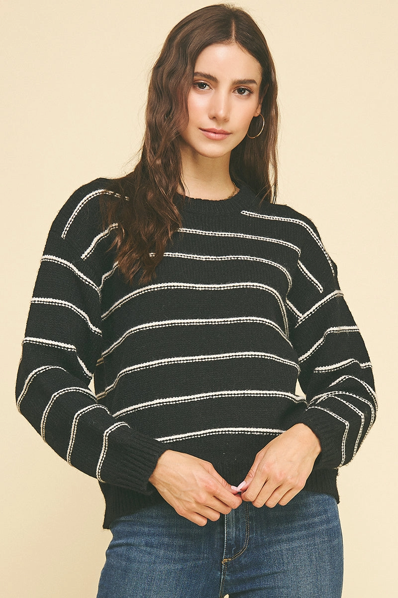 Black Stripe Knit Sweater Layered Sleeve WrinkleResistantWeave