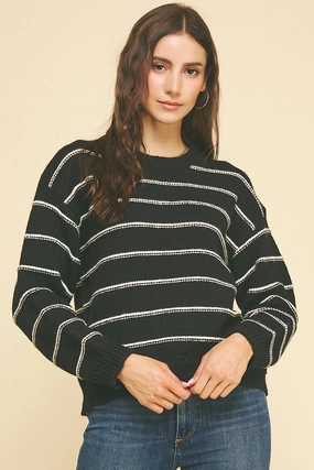 Black Stripe Knit Sweater Layered Sleeve WrinkleResistantWeave