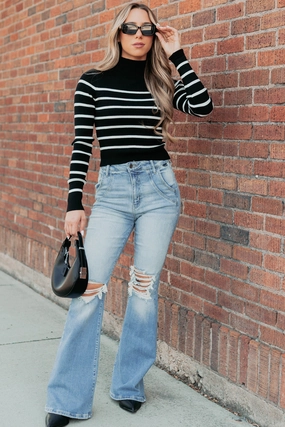 Blissful Rest Striped Mock Neck Sweater Top (Black/Cream) QuickDryConstruction All-Purpose Wear
