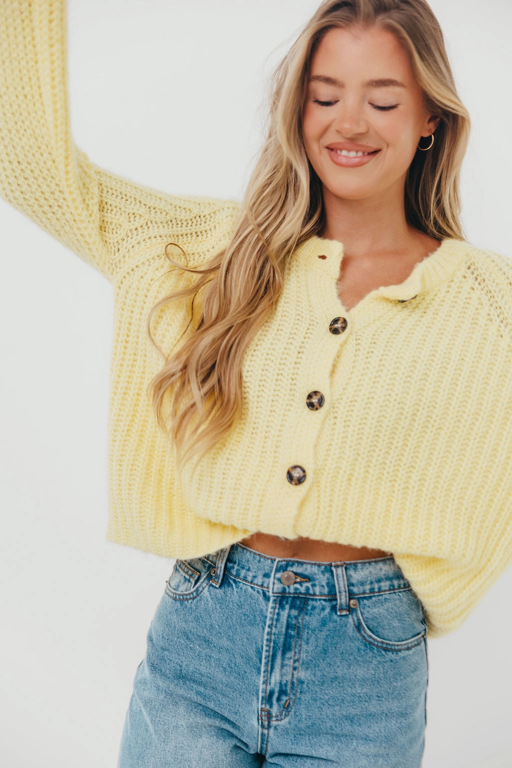Breathable Underarm Gussets High Collar Protection Design Bobbi Sweater Cardigan in Lemon