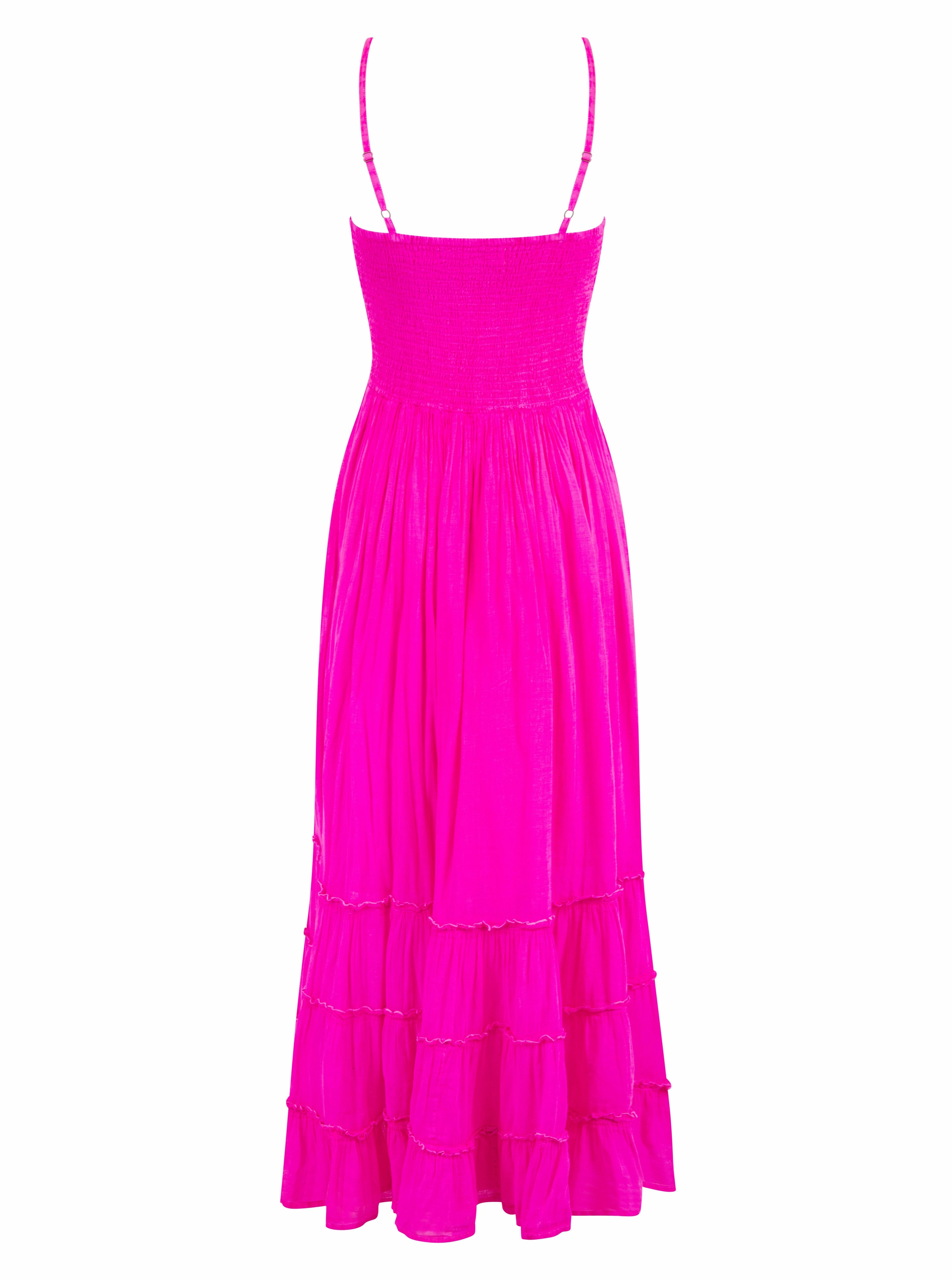Satin-Sleeve Light Silhouette Boheme Dress Fuchsia
