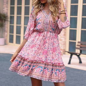 BOHO HALF-SLEEVED FLORAL DRESS_CWDSD3867 Coastal Chic Chill Style