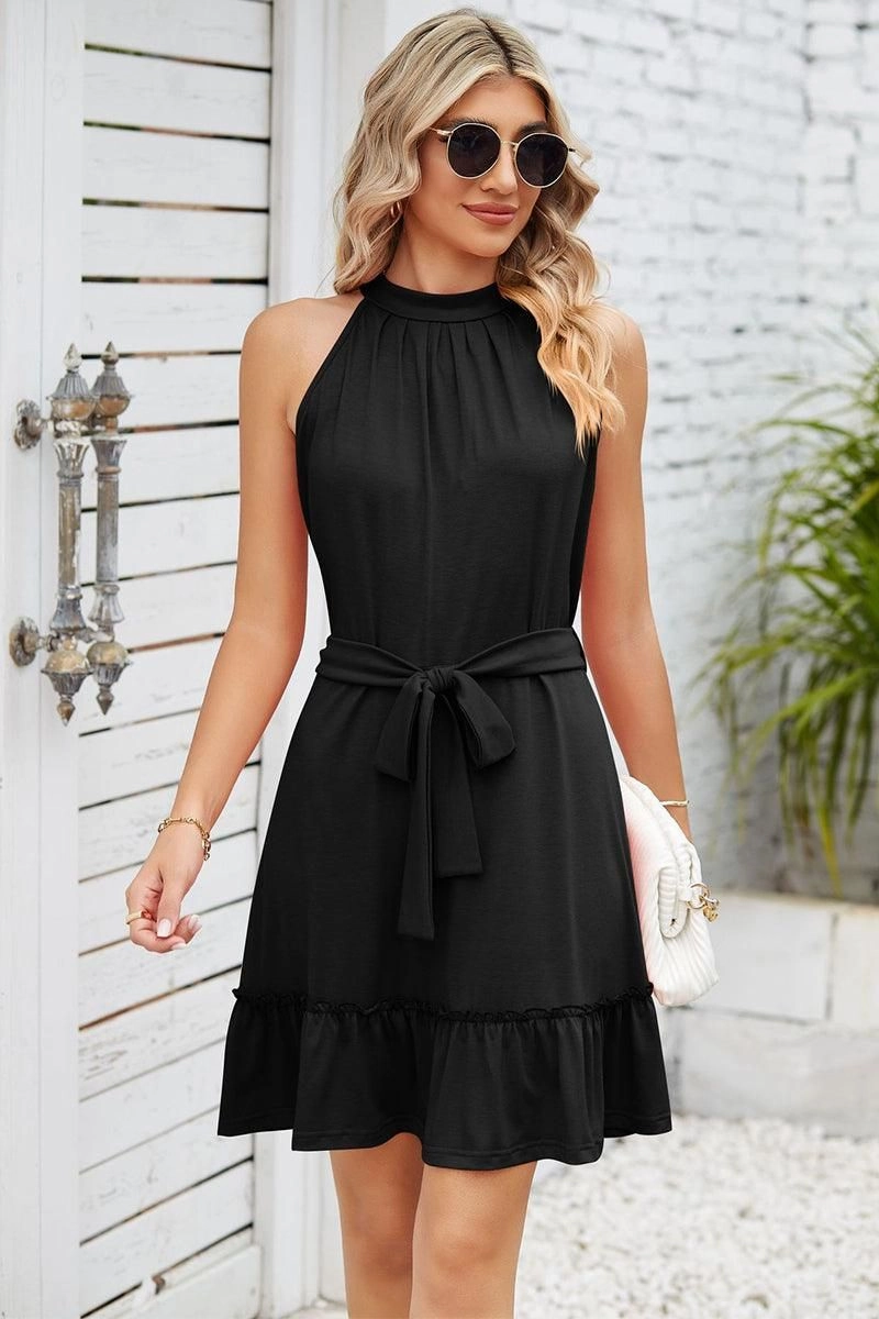 SOLID COLOR RUFFLED HALTER DRESS Removable-Straps Stylish Layering