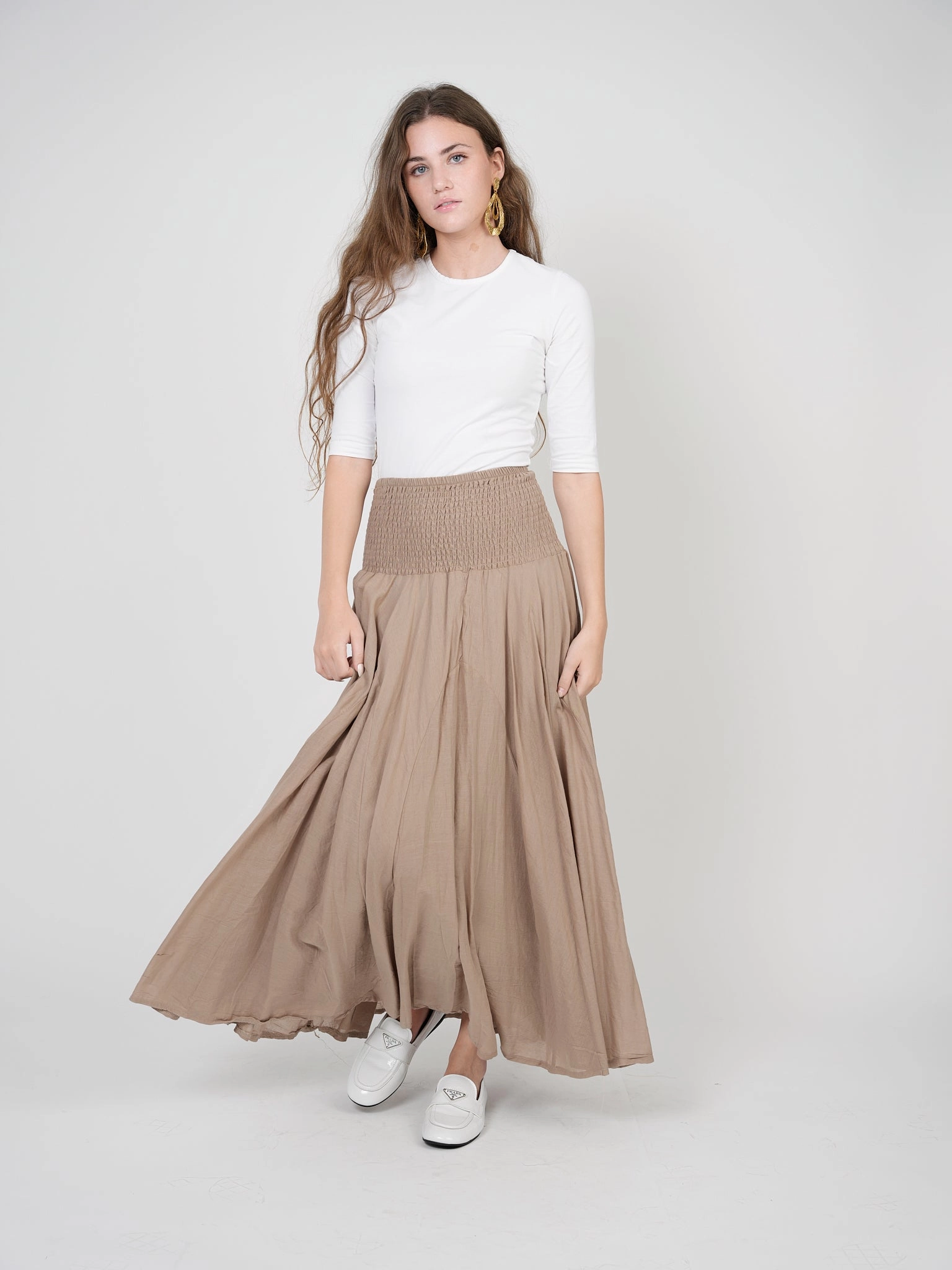 Red Myth Mocha Smocked Waist Tiered Maxi SB1CM7557SL Chic Appeal Faux Leather