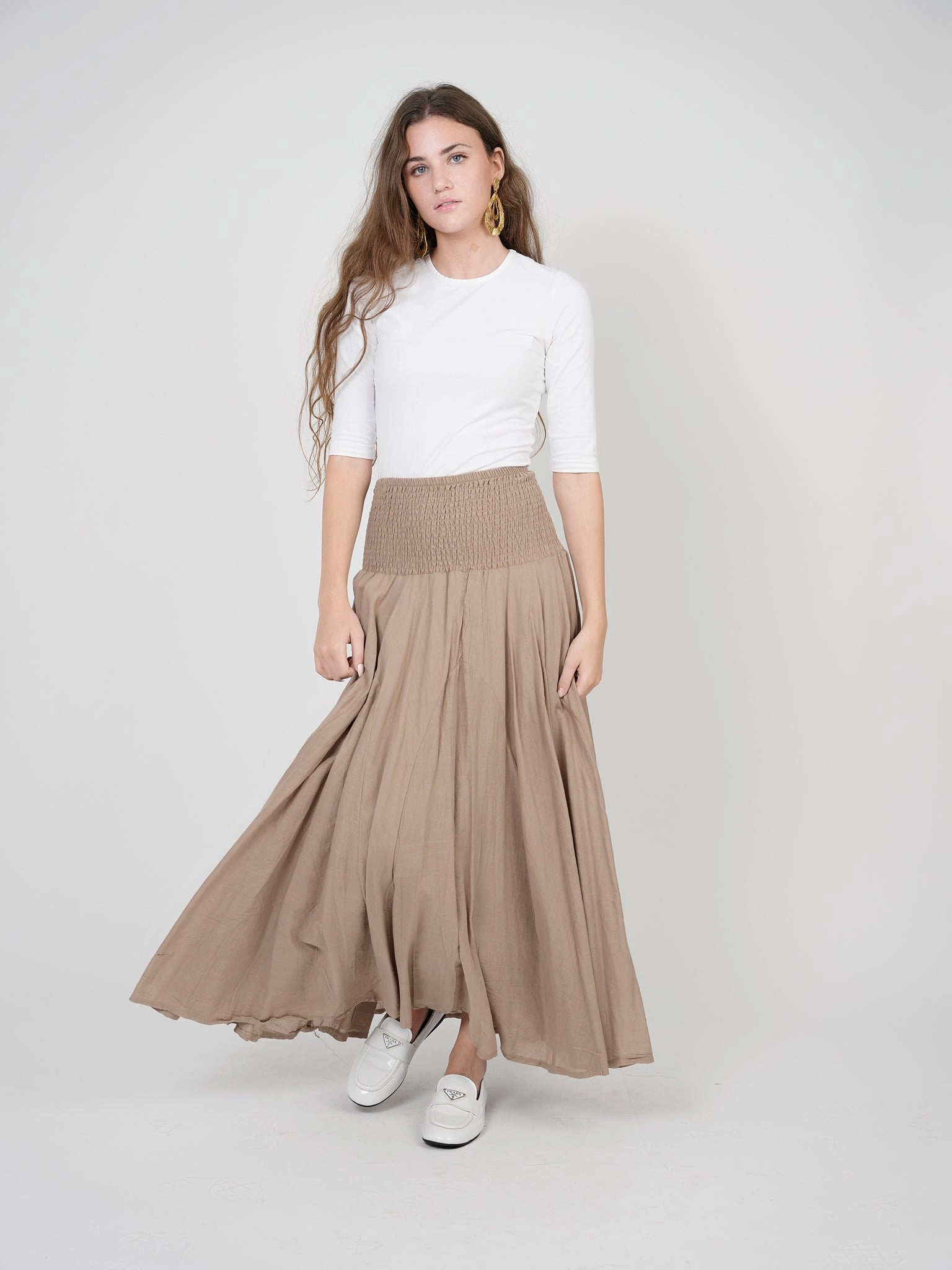 Casual Moments Relaxed Mood Red Myth Mocha Smocked Waist Tiered Maxi SB1CM7557SL