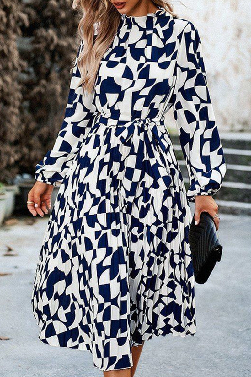 Ankle-length WOMEN RUFFLED HIGH NECK BELTED LONG DRESS