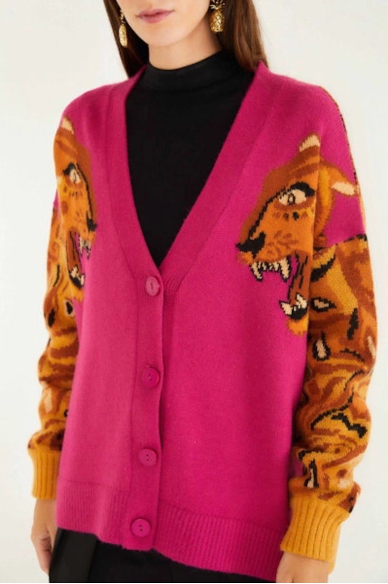 AdjustableDrawstring Bold Tiger Sleeve Knit Cardigan