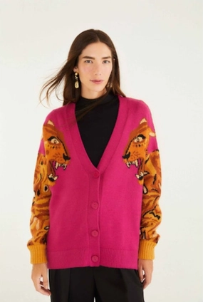 Interlock Stitching Bold Tiger Sleeve Knit Cardigan