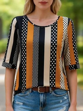 Striped Polka-Dot Crew Neck Mid-Sleeve Top ??Trendy Printed Women??s Shirt Comfortable Cut