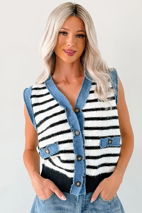 EasyCare Fabric TaglessLabel Born For Bold Striped Denim Trim Vest Top (Black/White)