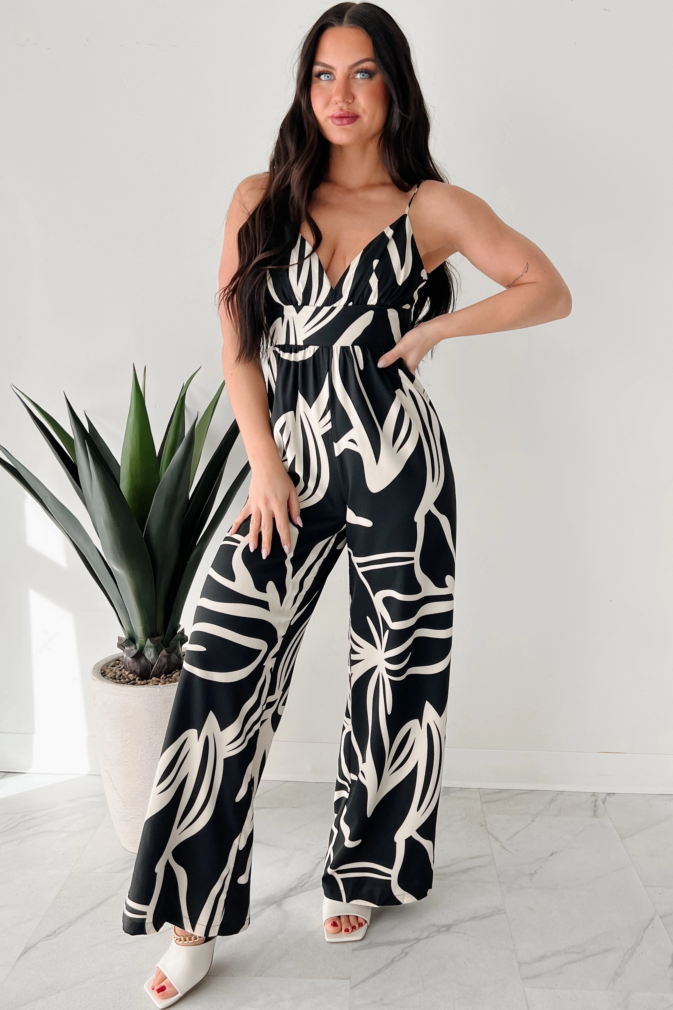 Born To Be Wild Printed Wide Leg Jumpsuit (Black/Ivory) AntiPillTreatment
