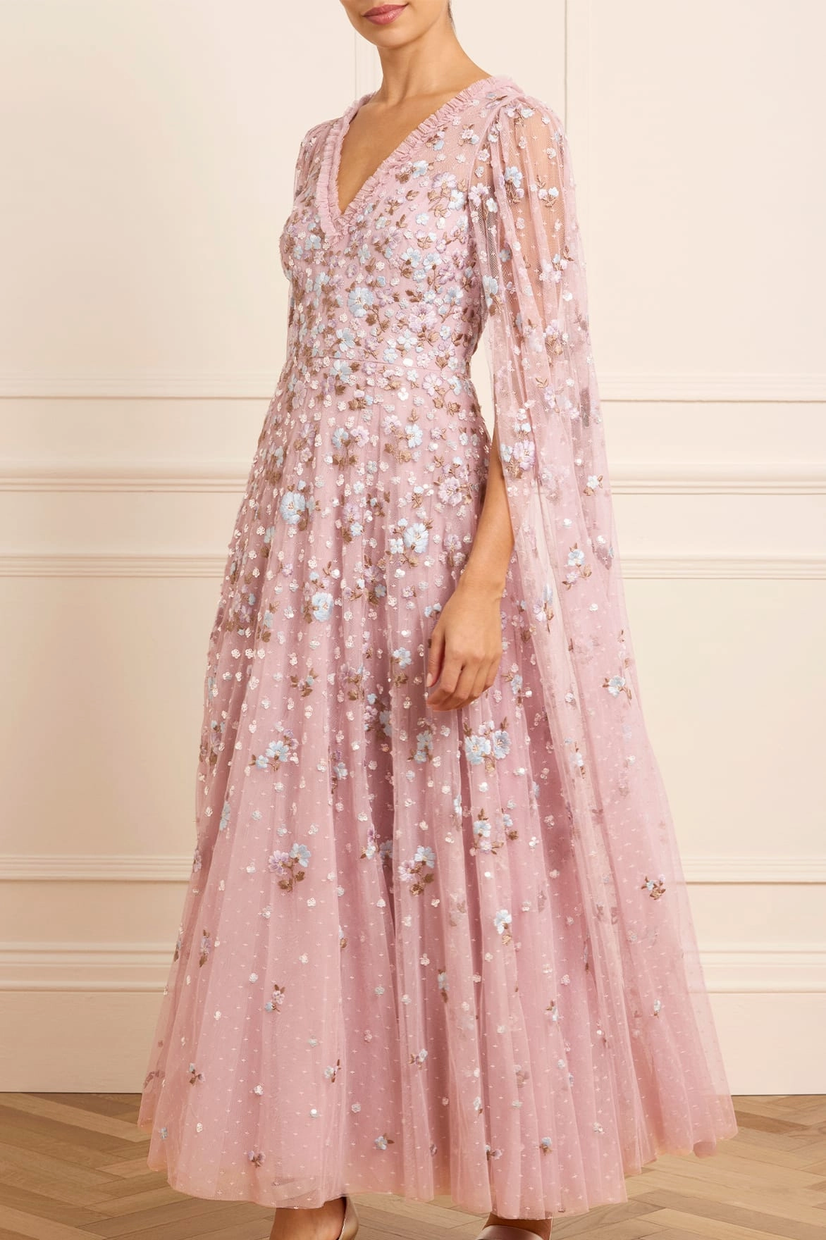 ContrastStitching Dahlia Ditsy Ankle Gown