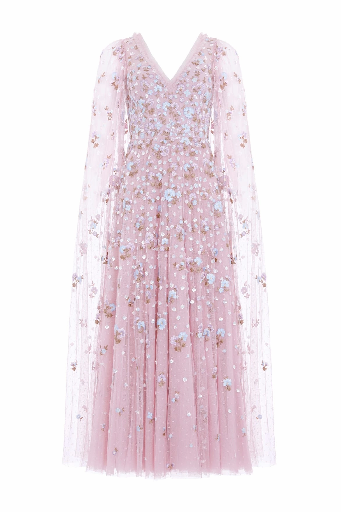 Zip-Closure Mesh-Detail Dahlia Ditsy Ankle Gown