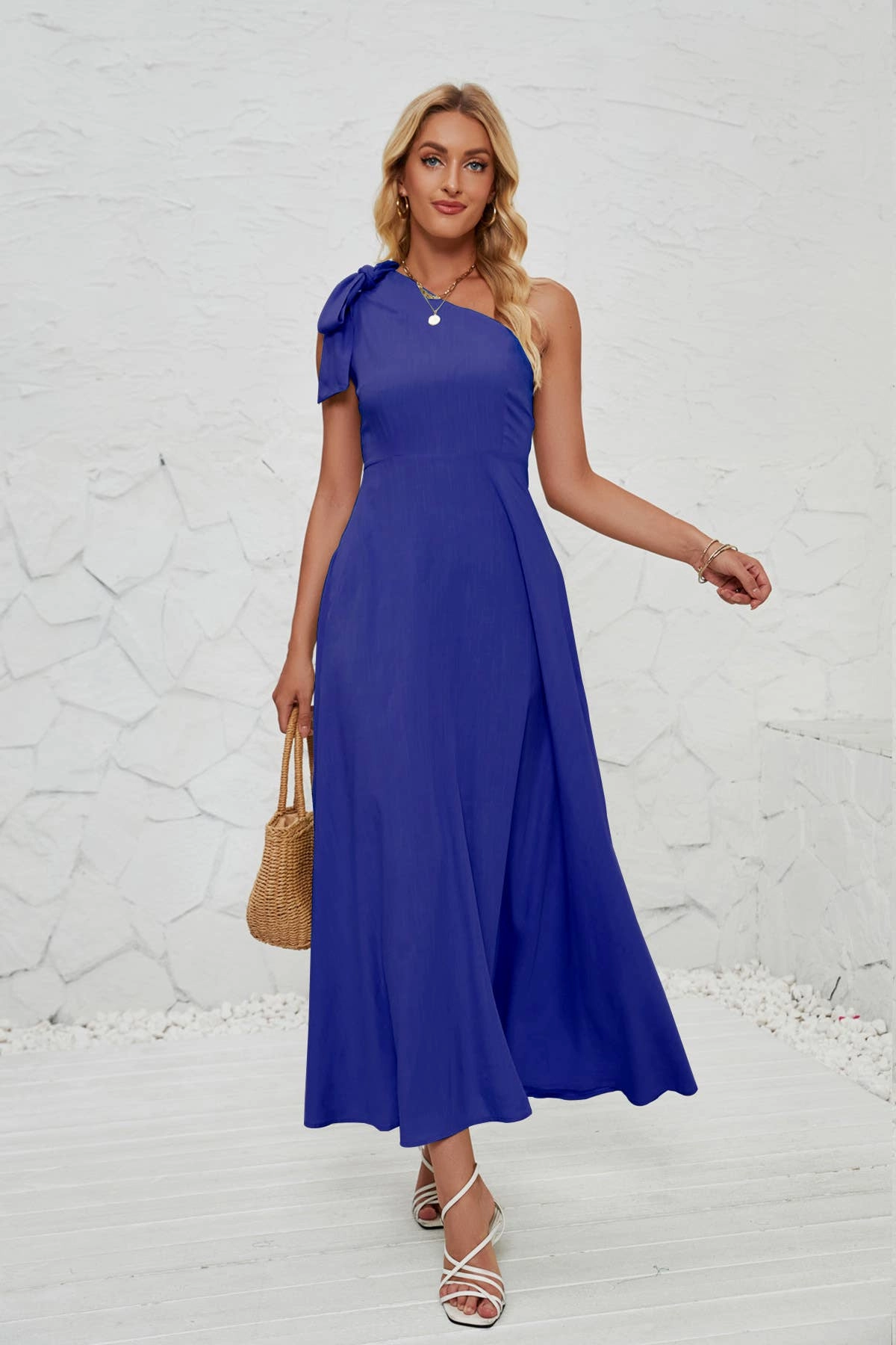 Trendy Layering BOW ONE-SHOULDER BELTED DRESS_CWDMD1831
