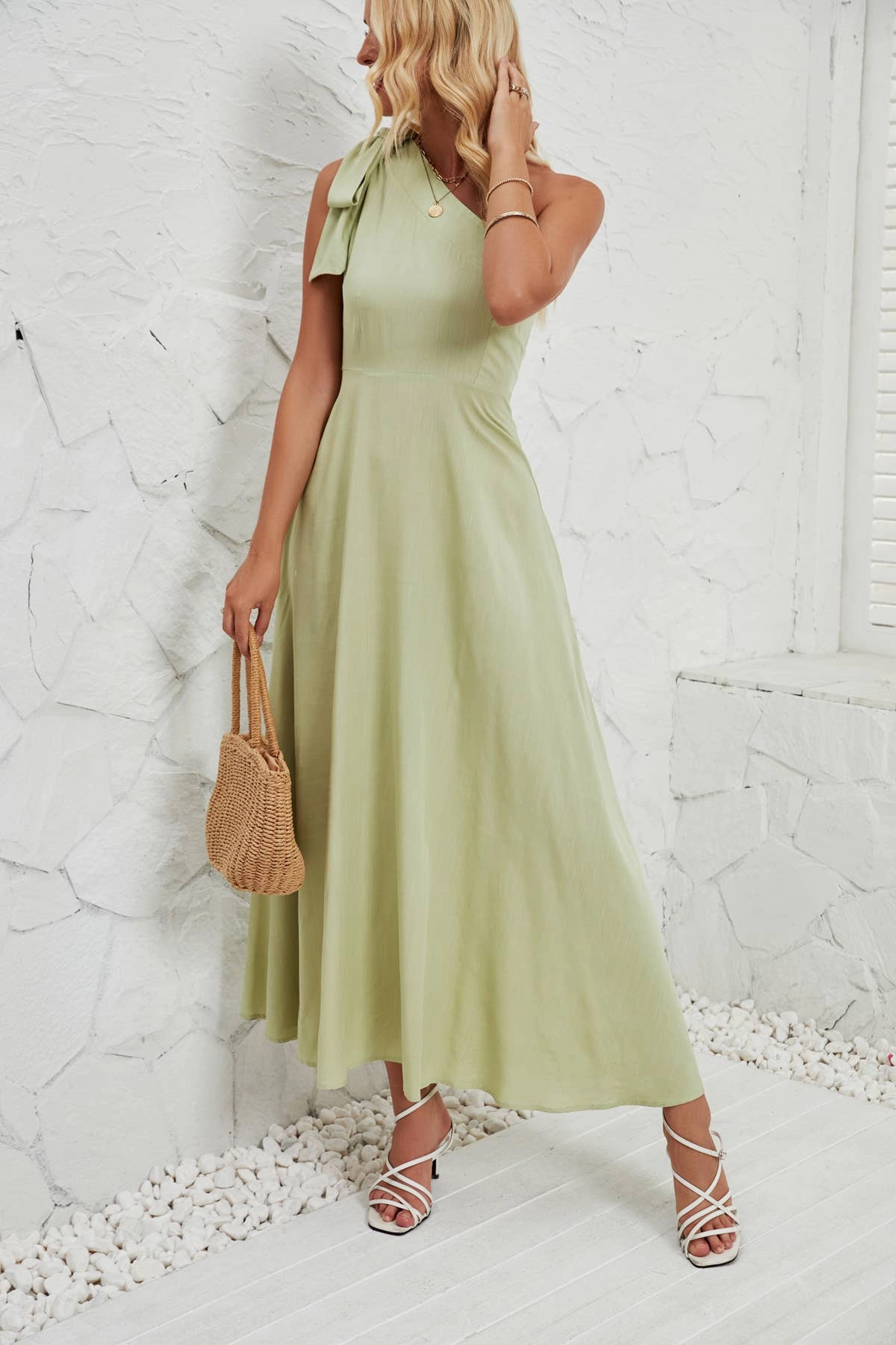 Romantic Hour BOW ONE-SHOULDER BELTED DRESS_CWDMD1831