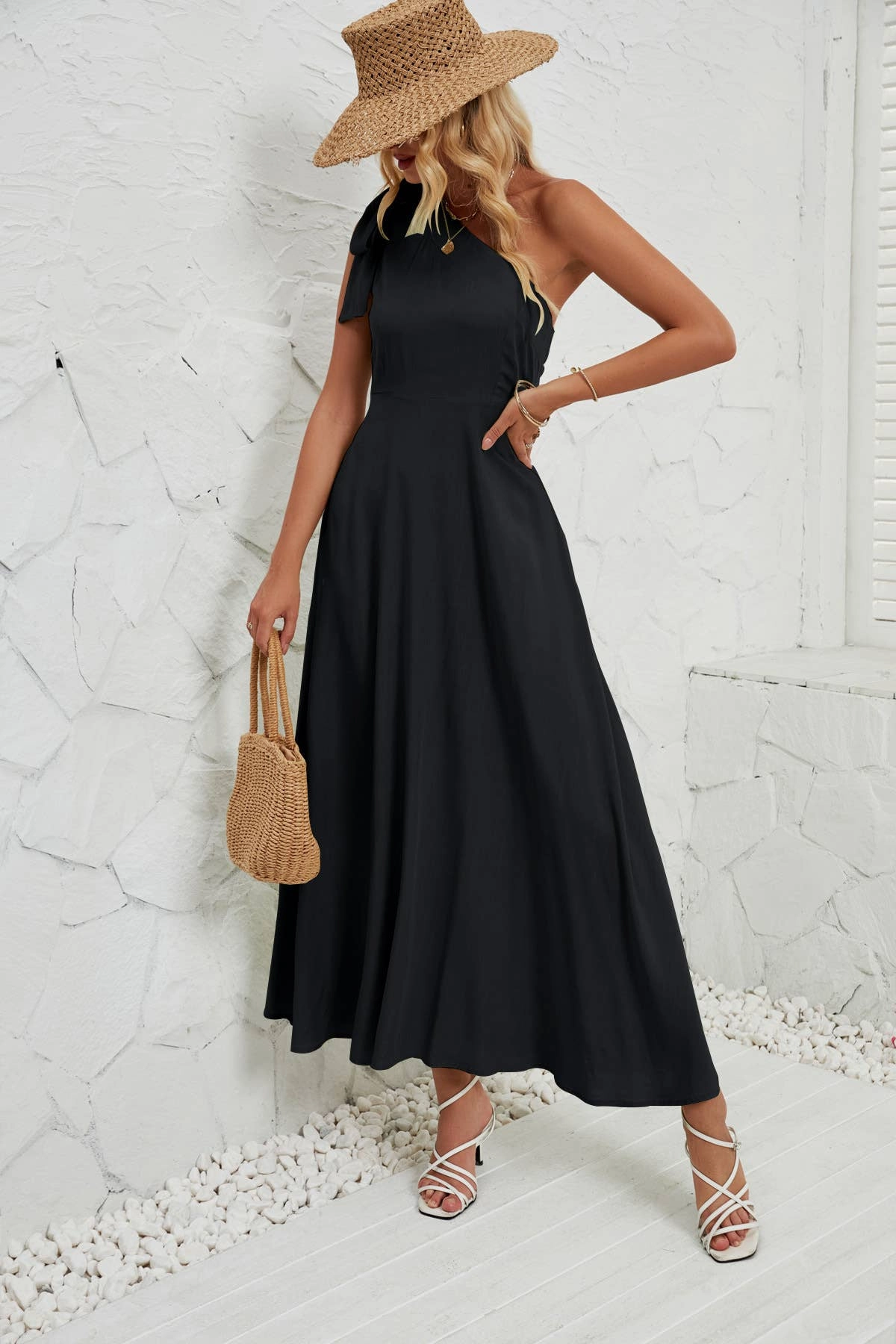 BOW ONE-SHOULDER BELTED DRESS_CWDMD1831 Puff-Sleeve Travel Wear