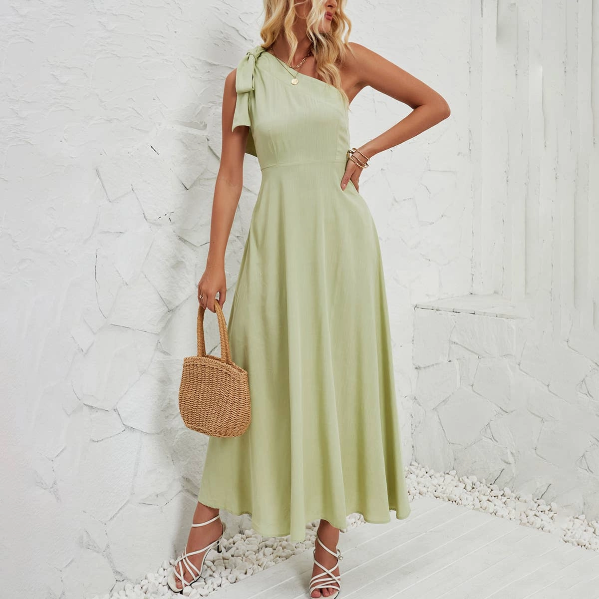 Tall Girl BOW ONE-SHOULDER BELTED DRESS_CWDMD1831