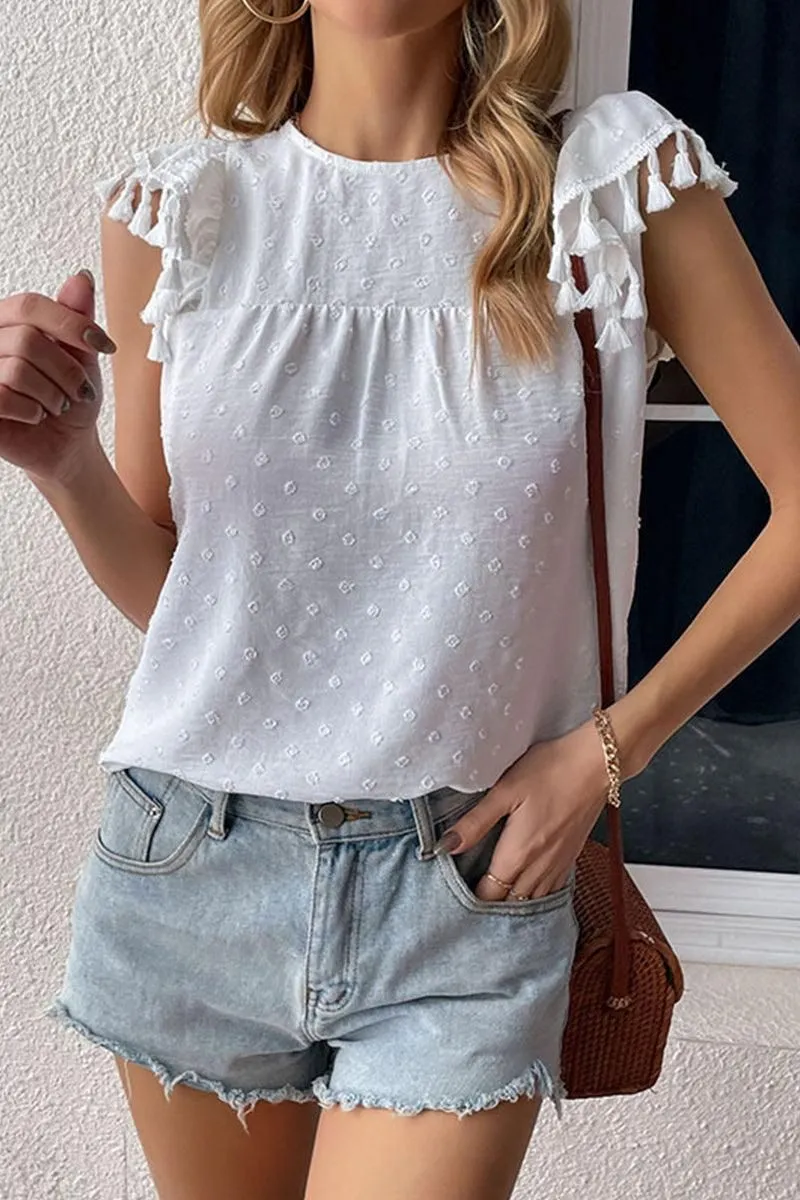 Airflow Ventilation DOT LACE WRINKLED CHEST TASSEL CAP SLEEVE TEE
