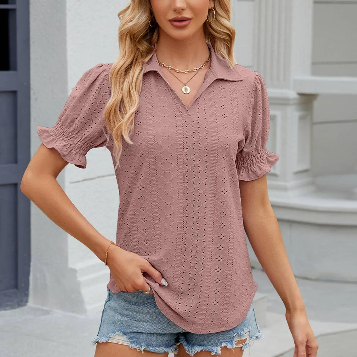 Multi Pocket Functional Design BREATHABLE POLO COLLAR SOLID SHORT SLEEVES TOP_CWTSTS0385