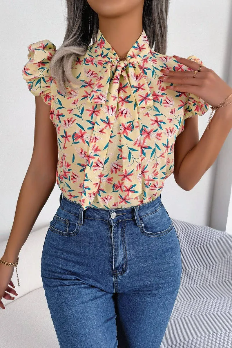 BROKEN FLOWERS WOOD EAR LACE BOW CHIFFON SHIRT_CWTSTSL0036 QuickReleaseFastenings LayeredStyling